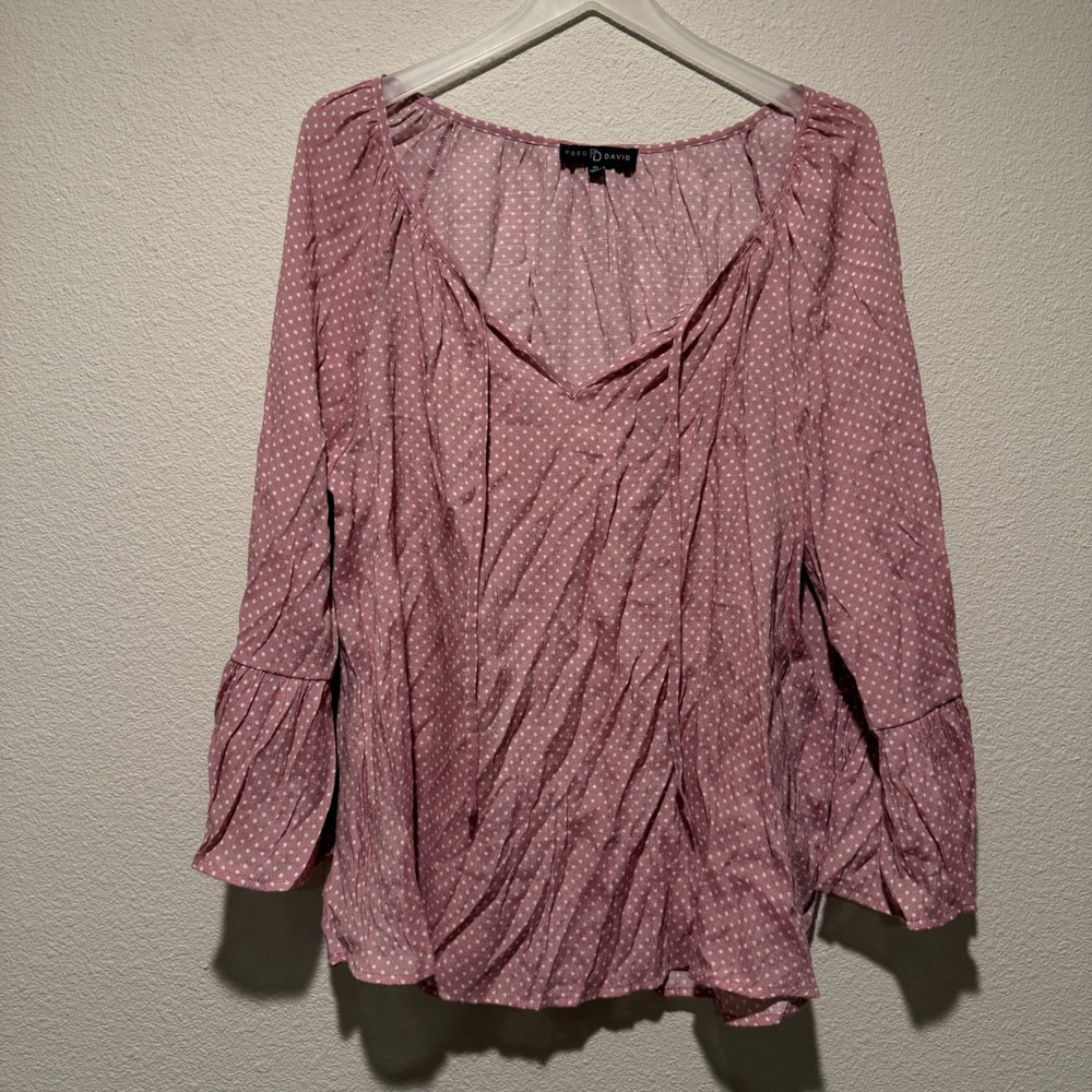 Fred David Pink Polka Dot Peasant Blouse XL V-Neck Tie Bell Sleeve Boho Top